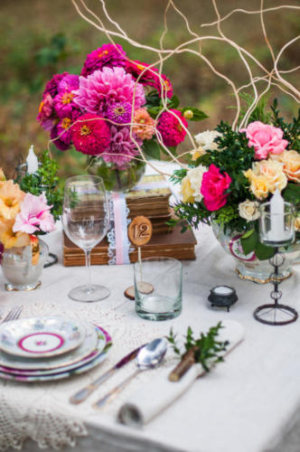 Bouquet of flowers and a table sat on the white tablecloths